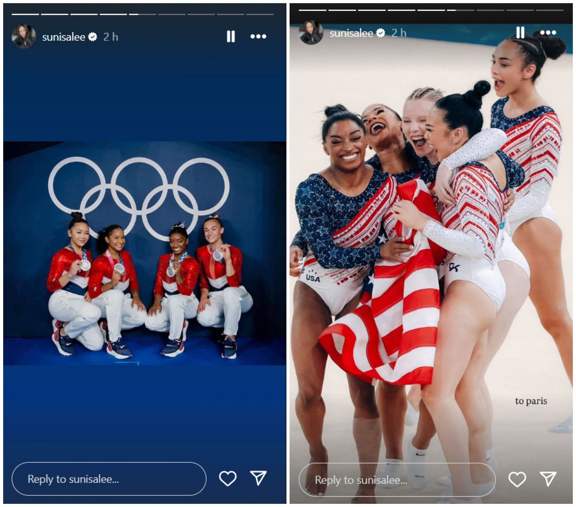Lee and the women's team at 2021 and 2024 Olympics; Instagram - @sunisalee